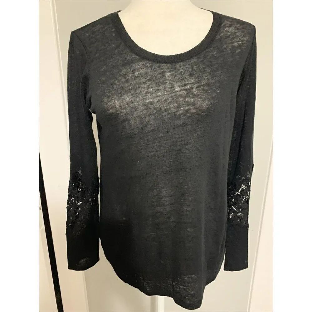 Zara WB Collection Womens Solid Black Long Sleeve Lace Sweater Top Small